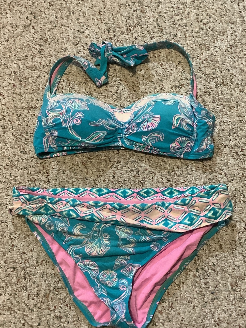 Lilly Pulitzer Teal Pink Floral Bikini Set, size 8 top and bottom